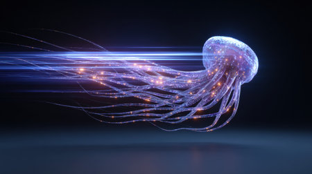 A chrome octopus controls vibrant data streams, blending technology and nature in a futuristic ocean setting, perfect for a tech security theme.の素材