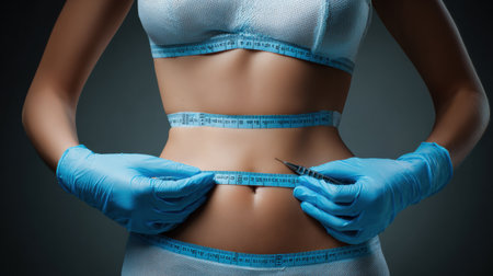 Medical professionals in gloves prepare the patients abdomen for surgery by marking specific areas in a studio.の素材