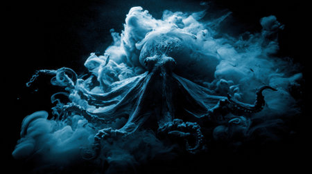A striking octopus silhouette emerges from a dark ink cloud, creating a dramatic artwork filled with swirling forms and powerful contrasts.の素材