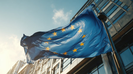 A bright sunny day sees the EU flag fluttering beside a contemporary parliament building, representing freedom and international cooperation.の素材