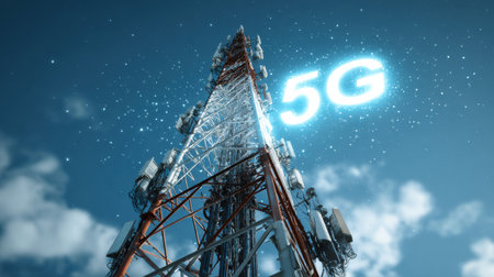 A tall 5G mobile communication tower stands prominently against a blue sky, broadcasting high-speed wireless internet signals.の素材