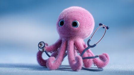 A friendly octopus is playfully holding a stethoscope in a spacious and tidy clinic, encouraging kids to explore medicine and health.の素材