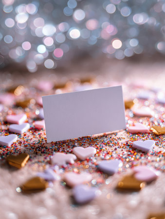 A blank white card rests among tiny pastel hearts and colorful sprinkles, creating a playful and romantic scene against a bright bokeh backdrop.の素材