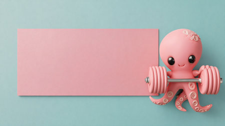 A cute octopus joyfully holds a dumbbell, promoting fitness for kids, set against a playful pastel background with blank space.の素材