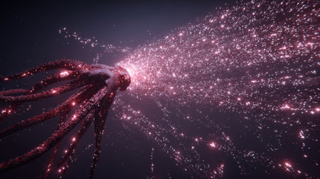 Glowing cephalopod moves gracefully underwater, leaving sparkling trails of light in a vast, dark ocean space.の素材