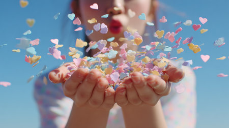 Colorful heart confetti is blown from toy-like hands, creating a festive atmosphere under a clear blue sky, perfect for a birthday.の素材