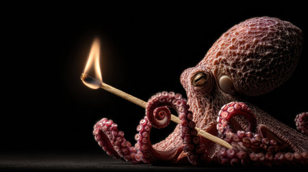 An octopus grips a matchstick with a small flame, representing the urgent theme of the ongoing energy crisis and environmental awareness.の素材