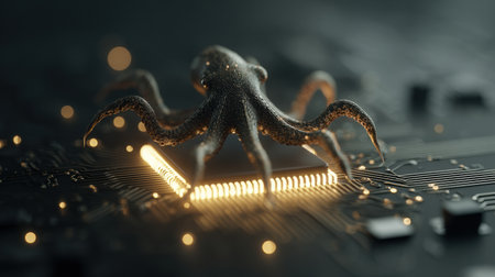 A realistic octopus holds a glowing circuit chip surrounded by a dark, tech-inspired environment, creating a captivating sci-fi scene.の素材