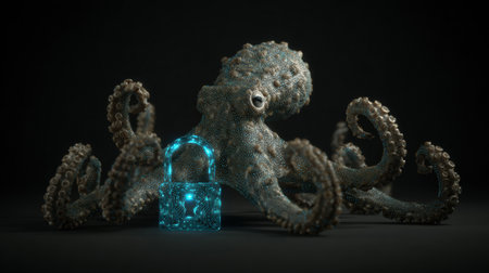 A detailed octopus firmly grasps a glowing digital padlock, set in a dark background representing cybersecurity themes.の素材