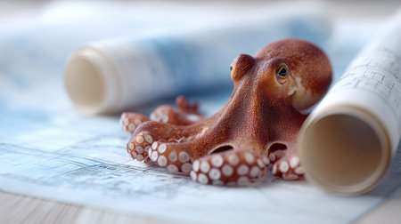 A realistic octopus explores a rolled building blueprint on a work surface surrounded by construction materials and tools.の素材
