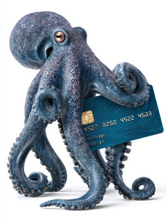 An octopus grips a credit card silhouette, showing its tentacles against a vivid fintech gradient space, reflecting innovation and creativity.の素材