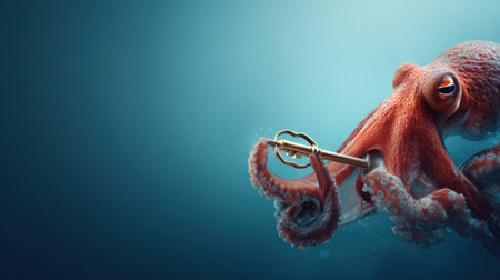 In a serene ocean setting, a realistic octopus holds a glowing key, showing its unique adaptation and curiosity in the deep sea.の素材