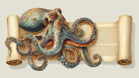 A highly detailed octopus interacts with an ancient scroll, suggesting a connection to forgotten wisdom beneath ocean waves.の素材