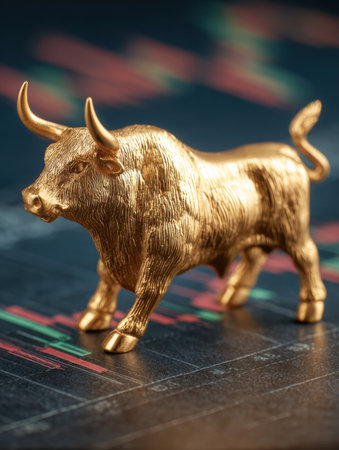 Golden bull figurine stands on a financial chart, representing market strength and positive trends in trading activities and investments.の素材