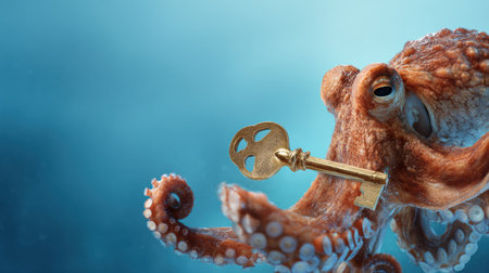 An octopus holds a glowing key in its beak, surrounded by a serene ocean background, symbolizing mystery and exploration.の素材