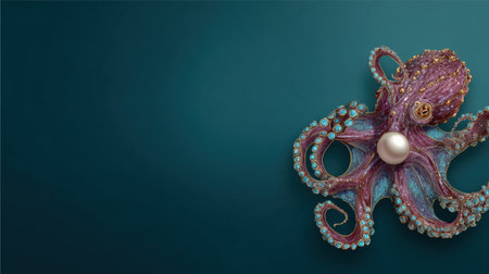 An elegant octopus showcases a lustrous pearl among its colorful tentacles in a tranquil ocean setting, reflecting luxury and beauty.の素材
