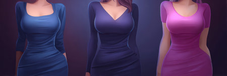 Women showcase tight dresses highlighting realistic belly bulges, emphasizing fashion challenges and body shape diversity during an evening gathering.の素材