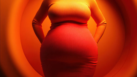A person stands confidently in a tight dress, showcasing a noticeable belly bulge while engaged in a fashion-focused setting.の素材