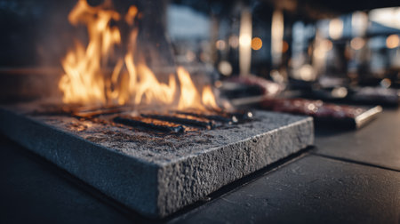 Dark slate stone table sets the stage for outdoor cooking, with blurred grill flames and smoke creating an inviting atmosphere.の素材