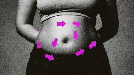 Belly silhouette shows fat pockets clearly marked with arrows in a fitness aesthetic, emphasizing body awareness and health.の素材