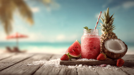 Tropical beach scene features a vibrant smoothie with fresh fruits on a wooden table, perfect for summer enjoyment.の素材