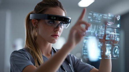 Nurse engages with futuristic technology using AR glasses to monitor patient health data in a spacious medical environment.の素材