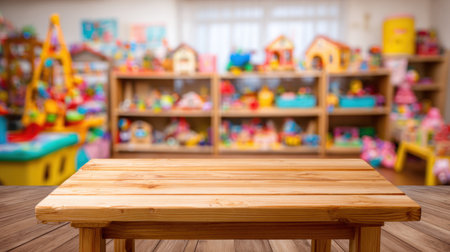 This vibrant playroom features a wooden table in the foreground with a blurred background filled with colorful toys, perfect for childrens play.の素材