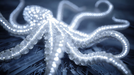 Glowing circuit lines shaped like octopus tentacles contrast against a dark motherboard background, highlighting a futuristic theme.の素材