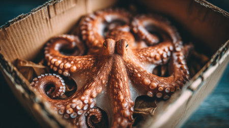 An octopus sits in a cardboard box, offering a charming metaphor for logistics amid packing materials in a neat warehouse.の素材