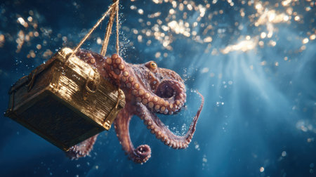 An octopus lifts a small treasure chest underwater, surrounded by golden light shafts in a deep blue expanse.の素材