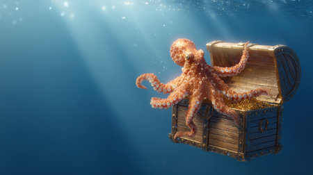 An octopus lifts a small treasure chest underwater, surrounded by deep blue space and illuminated by golden light rays from the surface.の素材