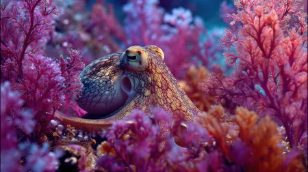 Octopus camouflages itself among bright coral, showing its sharp details in a vibrant underwater scene filled with life.の素材