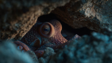 An octopus hides in a dark cavern, outlined by a single rim-light, evoking a sense of suspense in the underwater environment.の素材