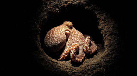 A curious octopus rests in a shadowy cavern, illuminated by a soft rim-light, suggesting mystery and intrigue.の素材