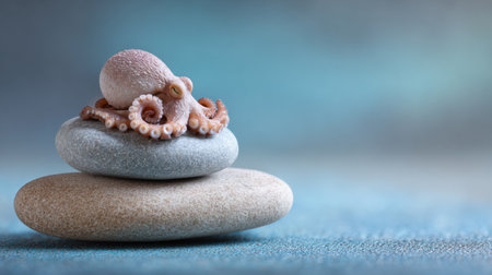 An octopus is peacefully resting on smooth stones, creating a tranquil feel with a soft beach background suitable for reflection.の素材