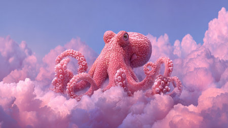 An octopus rises gracefully from soft pink clouds under a whimsical sky with shades of purple and blue, creating a dreamlike atmosphere.の素材