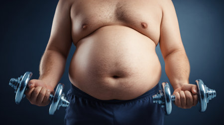 A person holds dumbbells while showing an obese belly, emphasizing the contrast between fitness equipment and current lifestyle habits.の素材