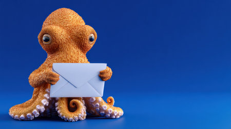 A bright orange octopus gently holds a white envelope, symbolizing communication against a blue backdrop. The scene is simple and engaging.の素材