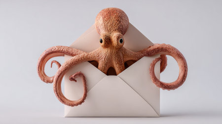 Octopus emerges from a blank white envelope, symbolizing creativity in communication through its unique delivery of a message.の素材