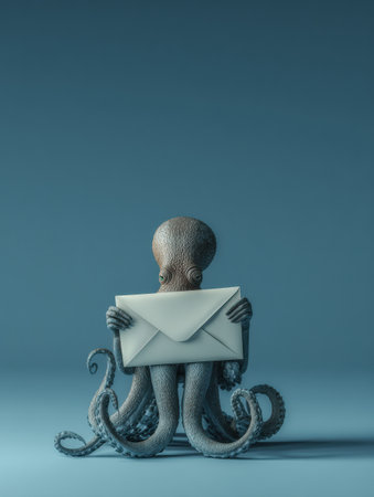 An octopus grips a blank envelope, symbolizing communication in a serene, minimalist environment with subtle tones.の素材