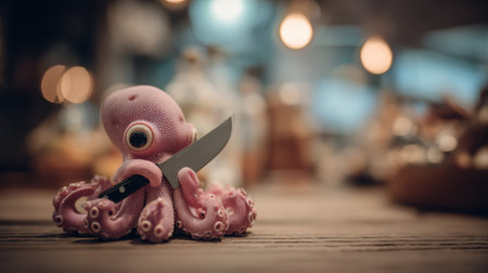 A realistic octopus holds a chef knife while preparing food in a bustling restaurant kitchen with blurred background.の素材