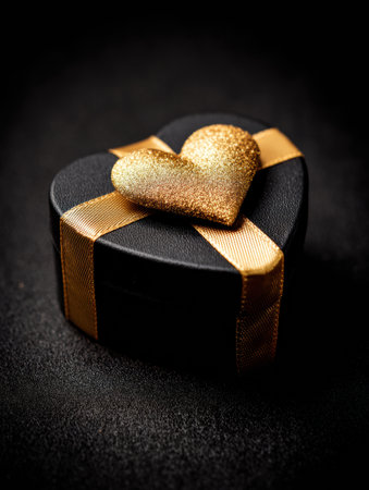 Spotlit black gift box with gold heart ribbon rests on a dark surface, showcasing a perfect backdrop for a sale announcement or special event.の素材
