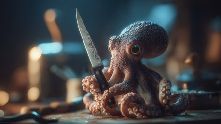 A creative octopus holds a chef knife, skillfully engaged in cooking amidst a busy restaurant kitchen environment.の素材