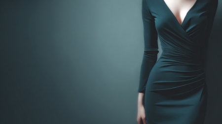 A model stands in a fitted dress that highlights a realistic belly bulge, representing common body shape challenges in fashion.の素材