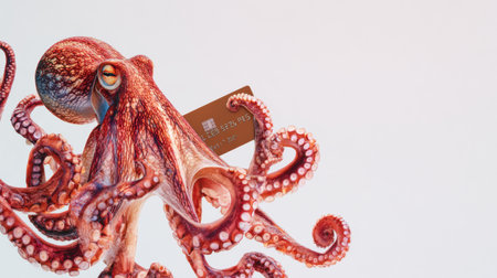 Octopus showcases a credit card silhouette against a smooth fintech gradient background, illustrating a blend of nature and finance concepts.の素材