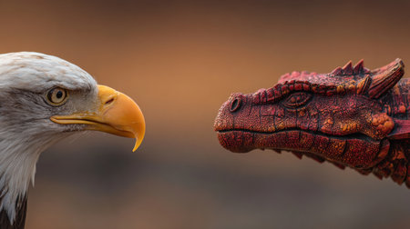 An American bald eagle confronts a Chinese dragon, representing the ongoing trade rivalry between the US and China in a symbolic standoff.の素材