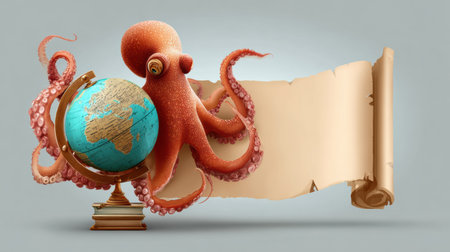 A colorful octopus is gripping a globe with detailed landmasses while an unmarked scroll lies nearby, ideal for educational themes.の素材
