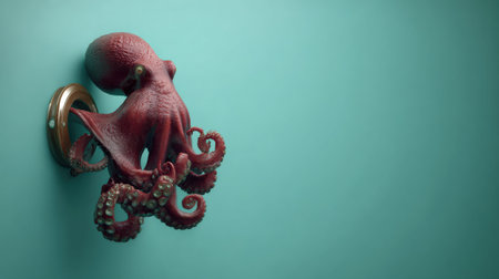 A detailed octopus onto holds a magnet, illustrating the idea of attraction in a creative and engaging manner on a teal backdrop.の素材