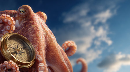 A detailed octopus holds a compass, symbolizing exploration and adventure, against a vast ocean and open sky backdrop.の素材