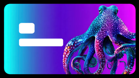 A detailed, colorful octopus holds a credit card silhouette against a bright gradient background, ideal for fintech themes and branding.の素材